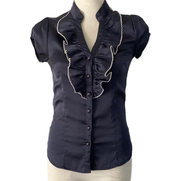 TEMT dark navy satiny puff short sleeve Blouse Ruffle front - Picture 2 of 8